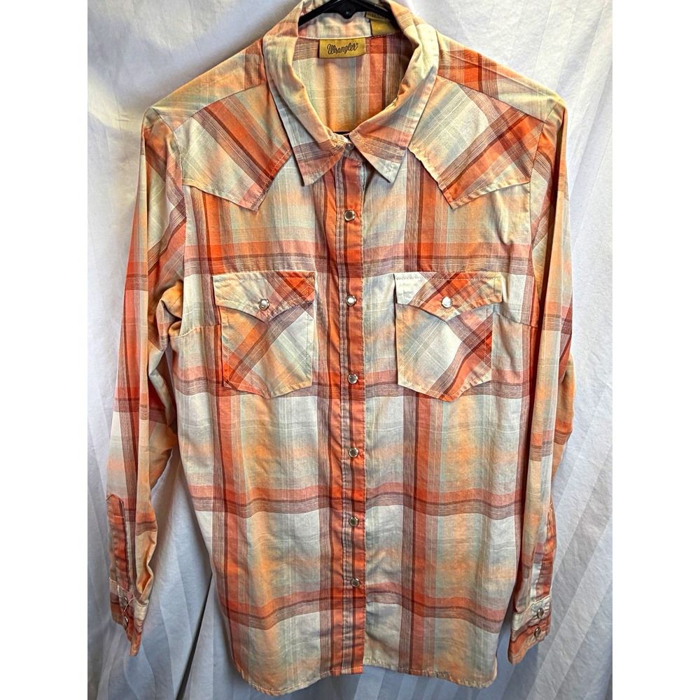 Wrangler Shirt Mens M Orange White Gray Plaid Pearl Snap Western 55/45 Blend